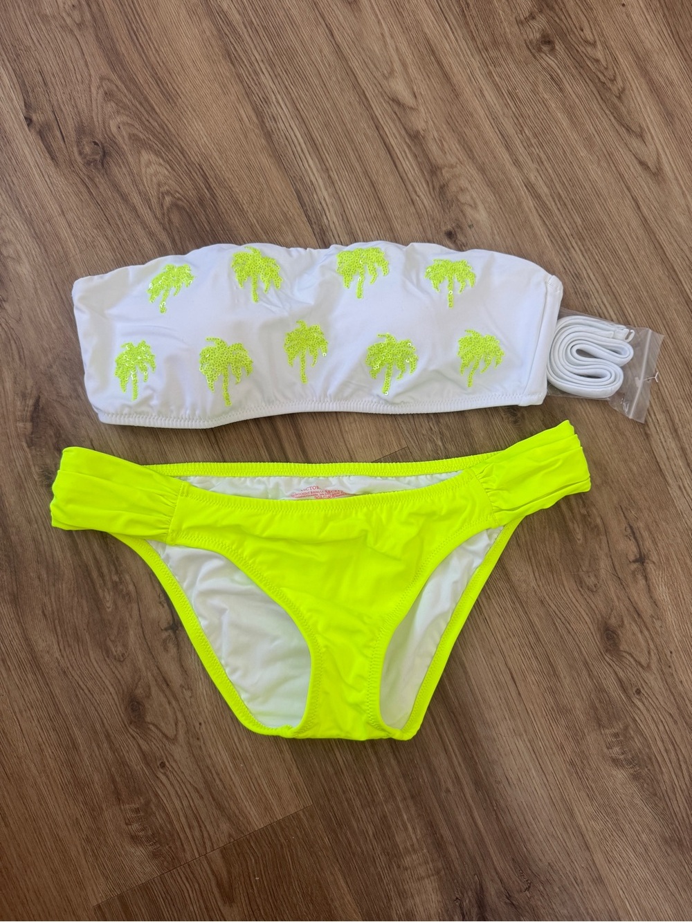 NWT Neon Yellow & White Palm-Accent Bandeau Bikini Set